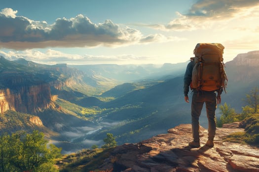 A man with a backpack standing on a cliff overlooking a valley photo