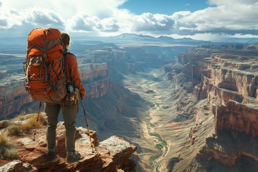 A man with a backpack stands on a cliff overlooking the grand canyon photo