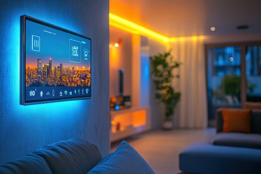 A television mounted on the wall in a living room photo