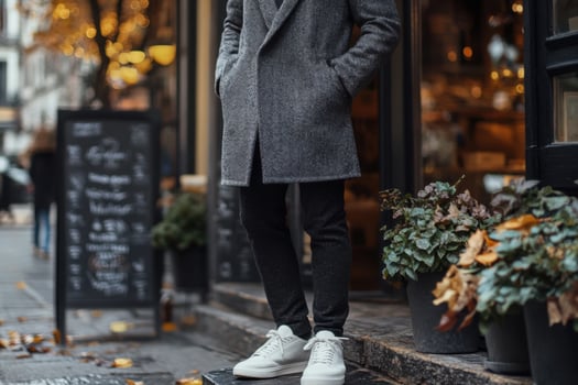 Man in grey coat and white sneakers standing on street photo