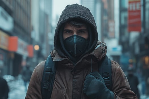 A man wearing a mask and a hoodie in the city photo