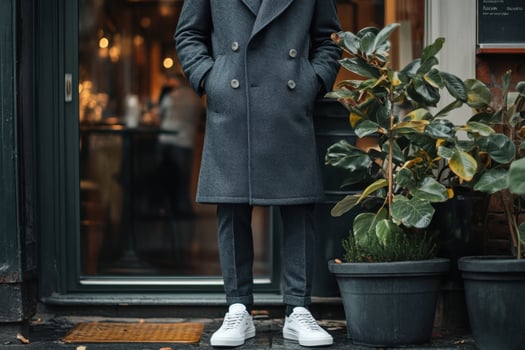 Man in grey coat and white sneakers photo