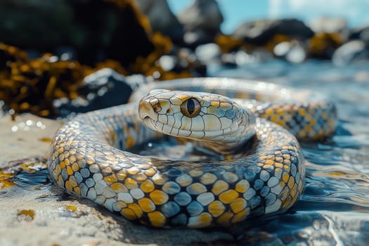 A snake is sitting on the beach with water photo