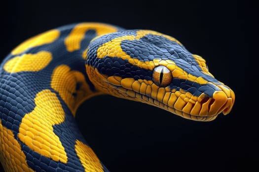 A close up of a yellow and black snake photo