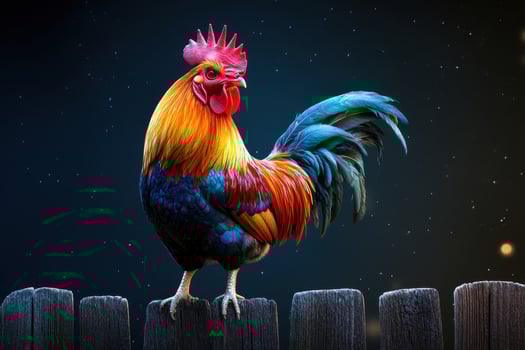Rooster on fence with stars background photo