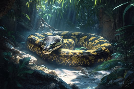 A large snake is curled up in the jungle photo