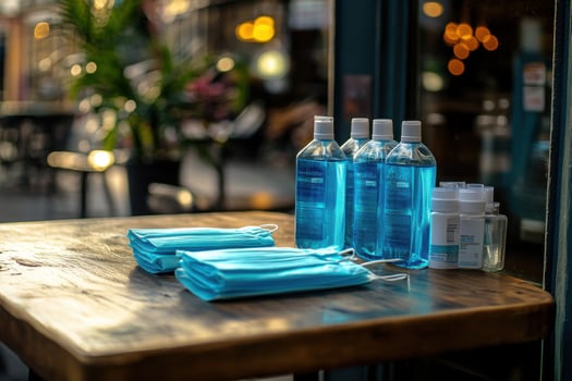 A table with bottles of hand sanitizer and a cloth photo