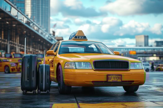 A yellow taxi cab with luggage and a suitcase photo