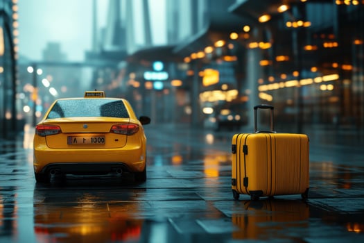 A yellow taxi and a suitcase on a rainy street photo