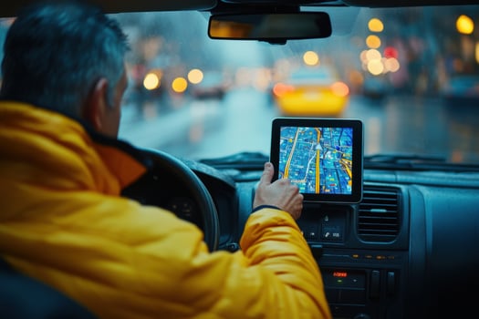 A man in a car using a tablet computer photo