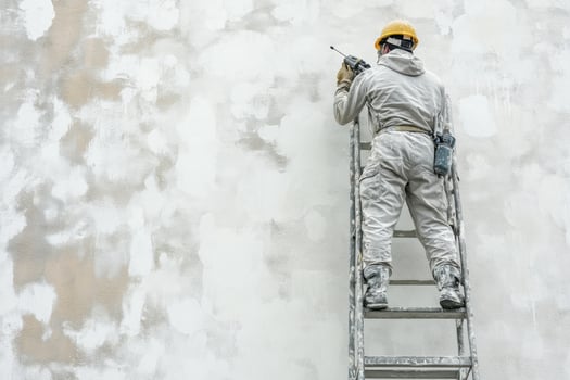 A man in white overalls is painting a wall photo