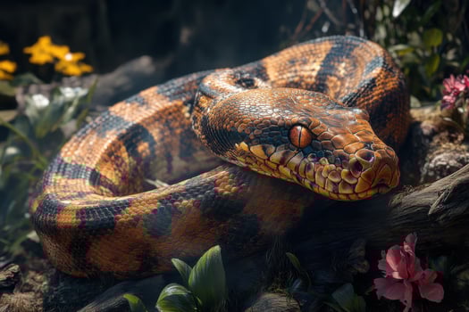 A large snake with bright orange eyes photo