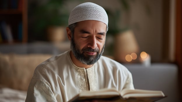 Middle eastern muslim man reading Quran indoors portrait image. Peaceful bearded male in traditional white kufi and embroidered attire photography human. Prayer concept photo-realistic photo