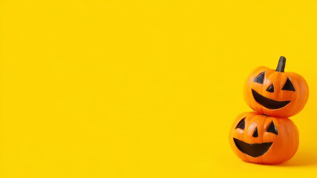 Jack o lanterns grin gleefully on a vibrant yellow canvas, echoing Samhain whispers and Dia de los Muertos hues photo