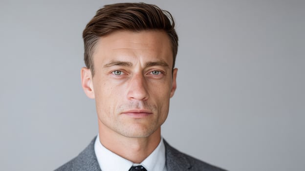 Stoic Caucasian man in tailored suit emanates contemplative gravitas, perfect for World Philosophy Day or Librarians birthday photo