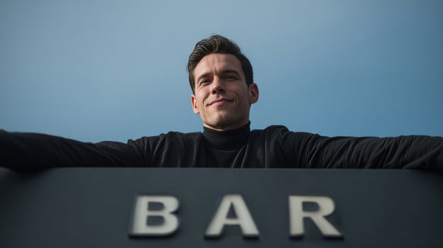 Smirking Caucasian male above a bar sign evokes International Beer Day vibes and hidden stories in dim speakeasies photo