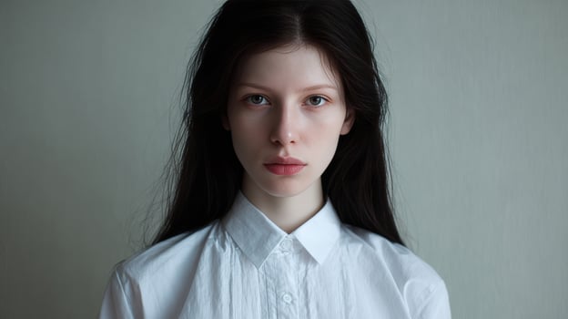 A serene, enigmatic European woman with ethereal stare embodies Yule reflections, transcending Victorian winter tales and introspection photo