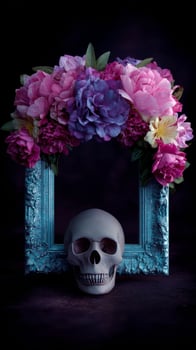Cranium nestled beneath a bloom studded frame, merging Dia de los Muertos whimsy with gothic floral elegance, vibrant celebration photo