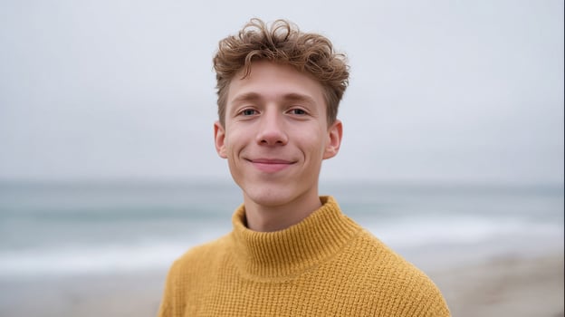 Smiling young Caucasian male in mustard sweater by the misty seaside, celebrating World Coastal Cleanup Day with charm photo