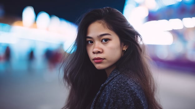 Asian woman in twilight cityscape, neon glow reflecting urban solitude, reminiscent of Tanabata and Lunar New Year reverie photo
