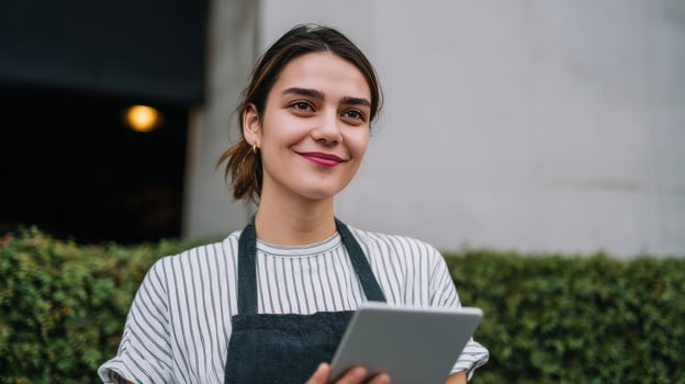 A Hispanic female barista beams with quiet pride, hinting at secret latte artistry skills during International Coffee Day festivities photo