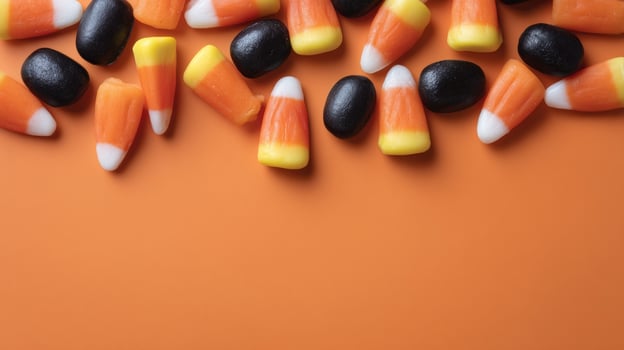 Candy corn cascade on pumpkin orange canvas, macabre Halloween hues meet Dia de los Muertos sweetness in festive chaos photo
