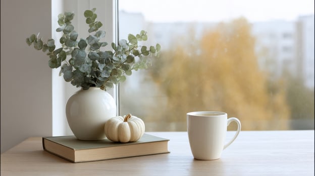 Cozy autumn morning vista with eucalyptus bouquet, miniature pumpkin, steaming mug, Hygge vibes, and World Book Day tranquility photo