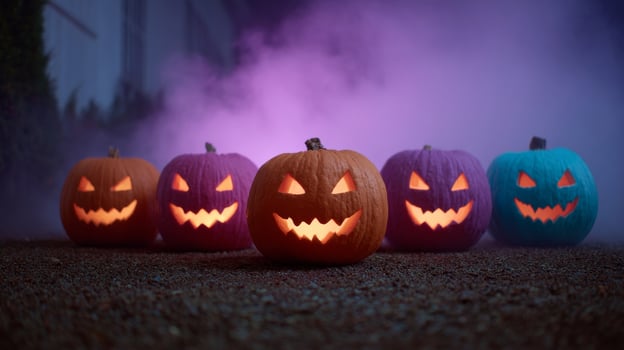 Charmed by spectral mist, neon pumpkins glow enigmatically, hinting at Samhain whispers and Dia de los Muertos echoes photo