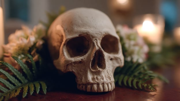 A solemn skull encircled by fern fronds and flickering candles evokes Dia de los Muertos and gothic mystery photo