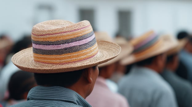 Southeast Asian male in vibrant straw hat amid lively festival crowd, evoking Songkran water festival and cultural unity photo