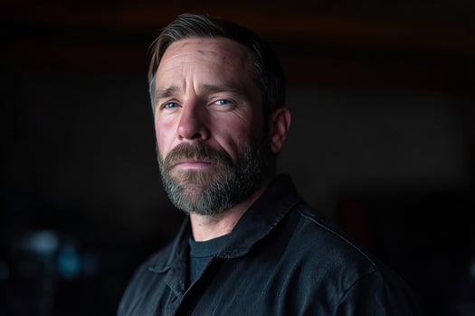 Ruggedly introspective Caucasian man in shadowy ambiance, echoing Anzac Day resilience and World Beard Day celebration photo