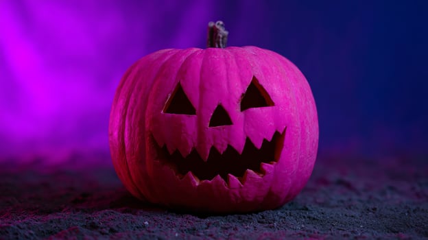 Glowing magenta jack o lantern on eerie midnight soil, embracing Spooky Halloween vibes and the mythical Feast of Samhain photo