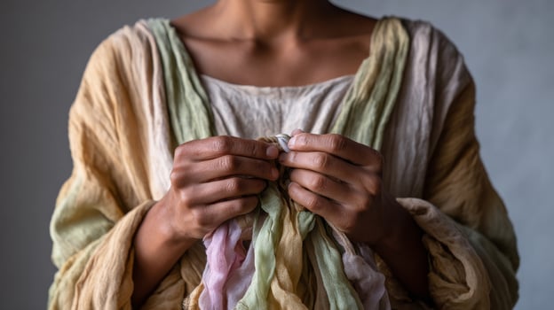 An anonymous tapestry weaver, African descent, crafts imaginary dreams for a mystical Midsummer, embodying the spirit of forgotten folklore photo
