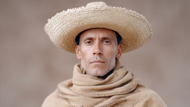 A contemplative man in woven sombrero evokes Dia de los Muertos, wrapped in earthy textures of ancestral whispers photo
