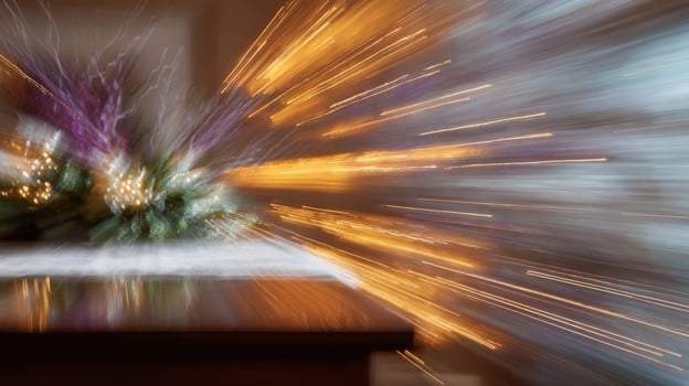 Ethereal holiday bouquet blurs into cosmic light trails, evoking Yule celebrations and Solstice mysteries within a glowing interior photo