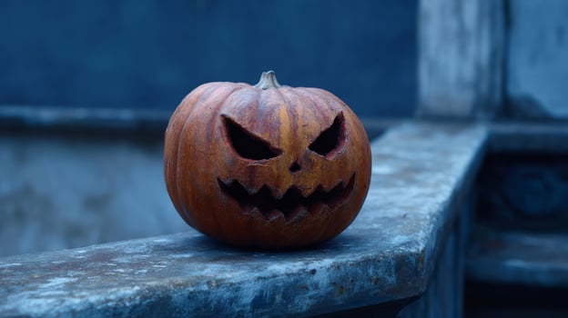 Sinister pumpkin grins defiantly in twilight, heralding Samhain festivities and nocturnal lore, with eerie autumnal ambiance photo