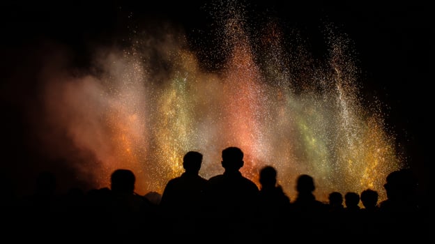 Nighttime silhouettes watch rainbow fireworks dance, evoking auras of Diwali, Bonfire Nights vibrant whispering magic in the air photo