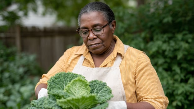 African American woman thoughtfully harvests lush cabbage, nurturing earths bounty, echoing Kwanzaas spirit, urban permacultures whispering promise photo