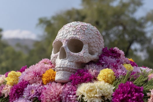 A mosaic skull rests amid vibrant chrysanthemums, whispering Day of the Dead tales and celebrating ephemeral beauty photo