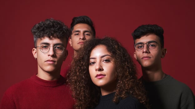 Four confident young adults with Latinx heritage stand unified against a crimson canvas, evoking World Youth Skills Day determination photo