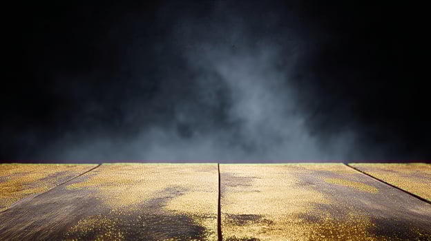 Gilded mist settles over an ancient wooden stage, evoking Samhains whispers and Midsummers golden embrace photo