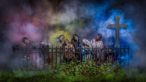 Hauntingly vibrant zombies loom in misty mystique, blending Dia de los Muertos hues with ghoulish All Hallows Eve ambiance photo