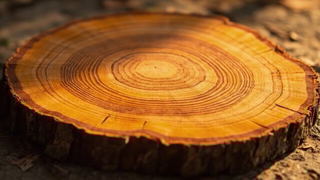 Close up of a cross section of a tree trunk showing concentric growth rings in shades of brown and yellow resting on the ground photo