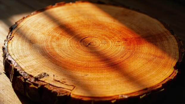 Close up of a cross section of a tree trunk showing concentric growth rings in shades of brown and orange with natural bark texture photo