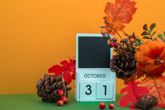 calendar with the date OCTOBER 31 surrounded by autumn decorations. photo