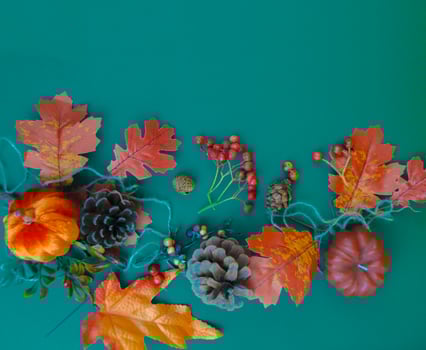 Autumn leaves, pine cones and pumpkin lie on a green background photo