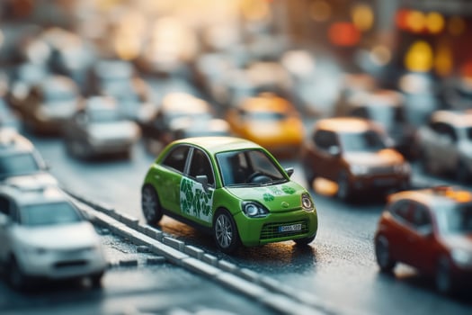 A small green car is driving on a busy street photo