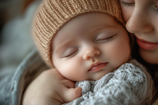 A woman holding a sleeping baby in a knitted hat photo