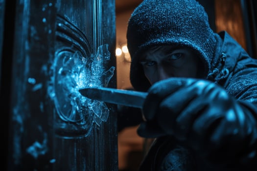 A burglar in a hoodie is holding a knife photo