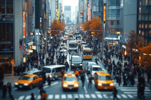 A busy city street with many cars and people photo